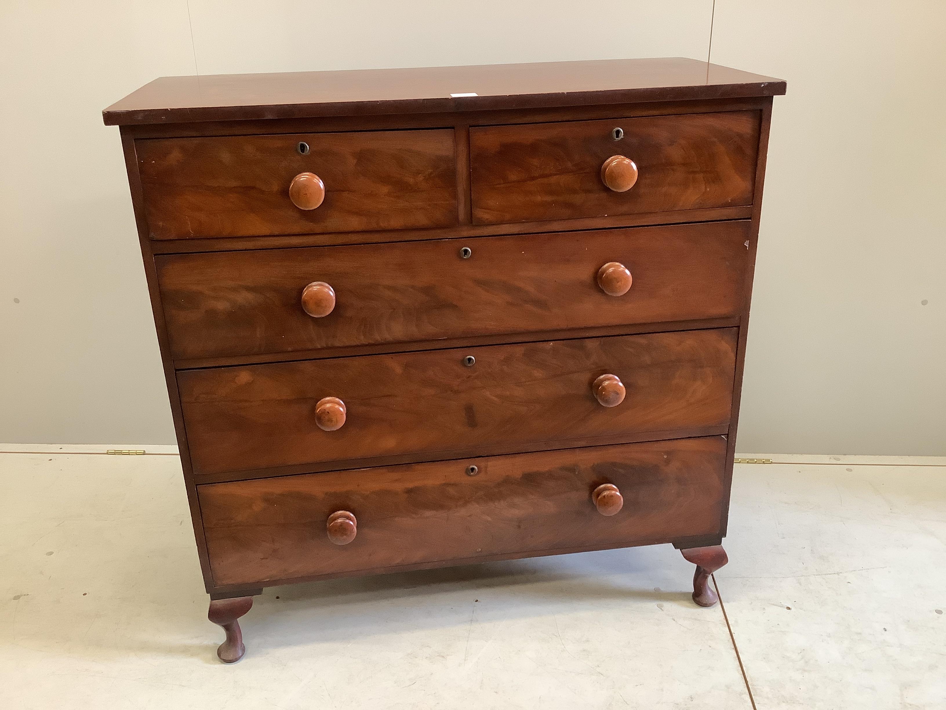 A Regency mahogany five drawer chest, on later cabriole legs, width 107cm, depth 48cm, height 108cm